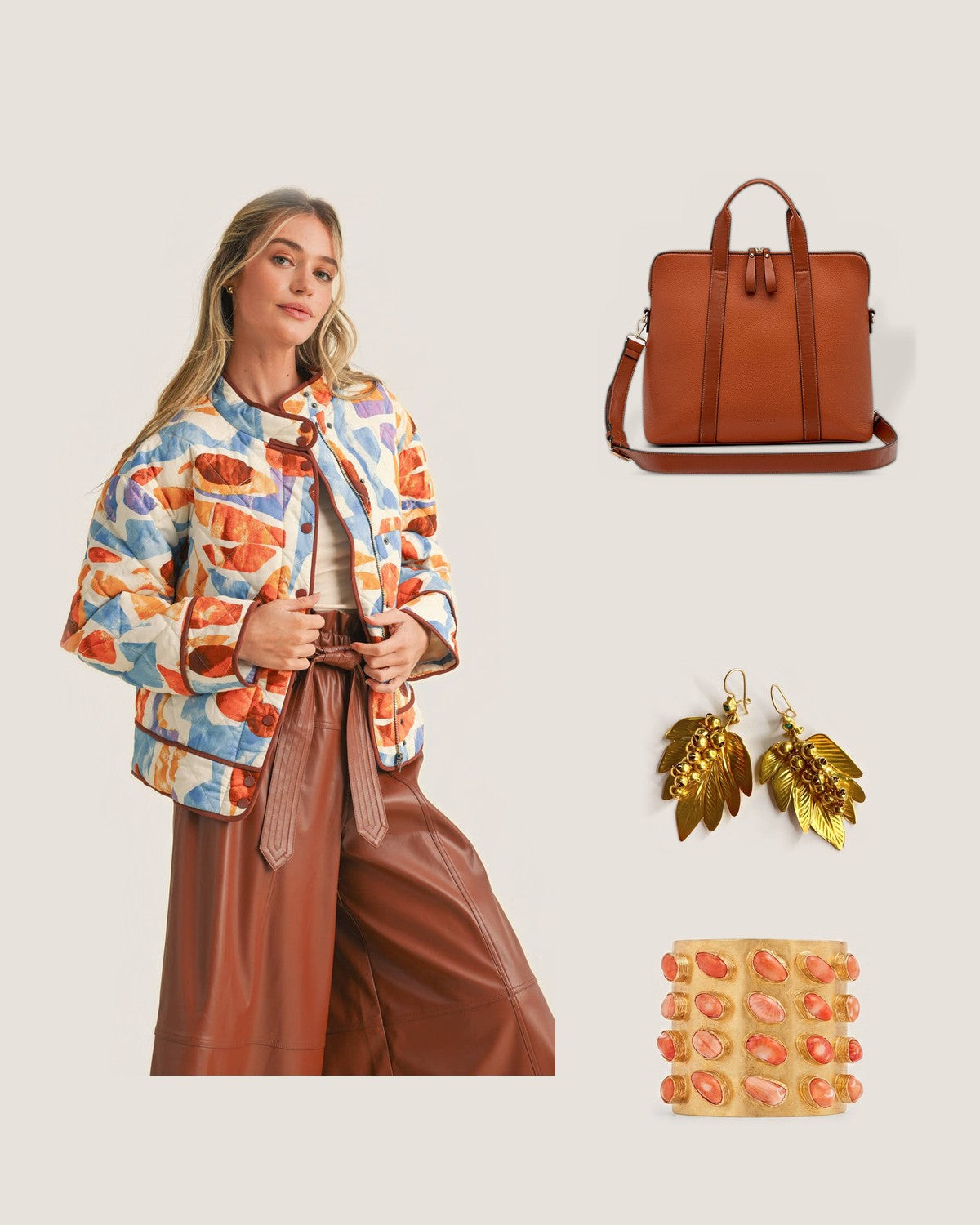 How to style the Rhodes Laptop Bag – Tan: with the Exclusive Print Quilted Jacket with Contrast Binding, Gabriella Leaf Earrings and Coral Legacy Cuff