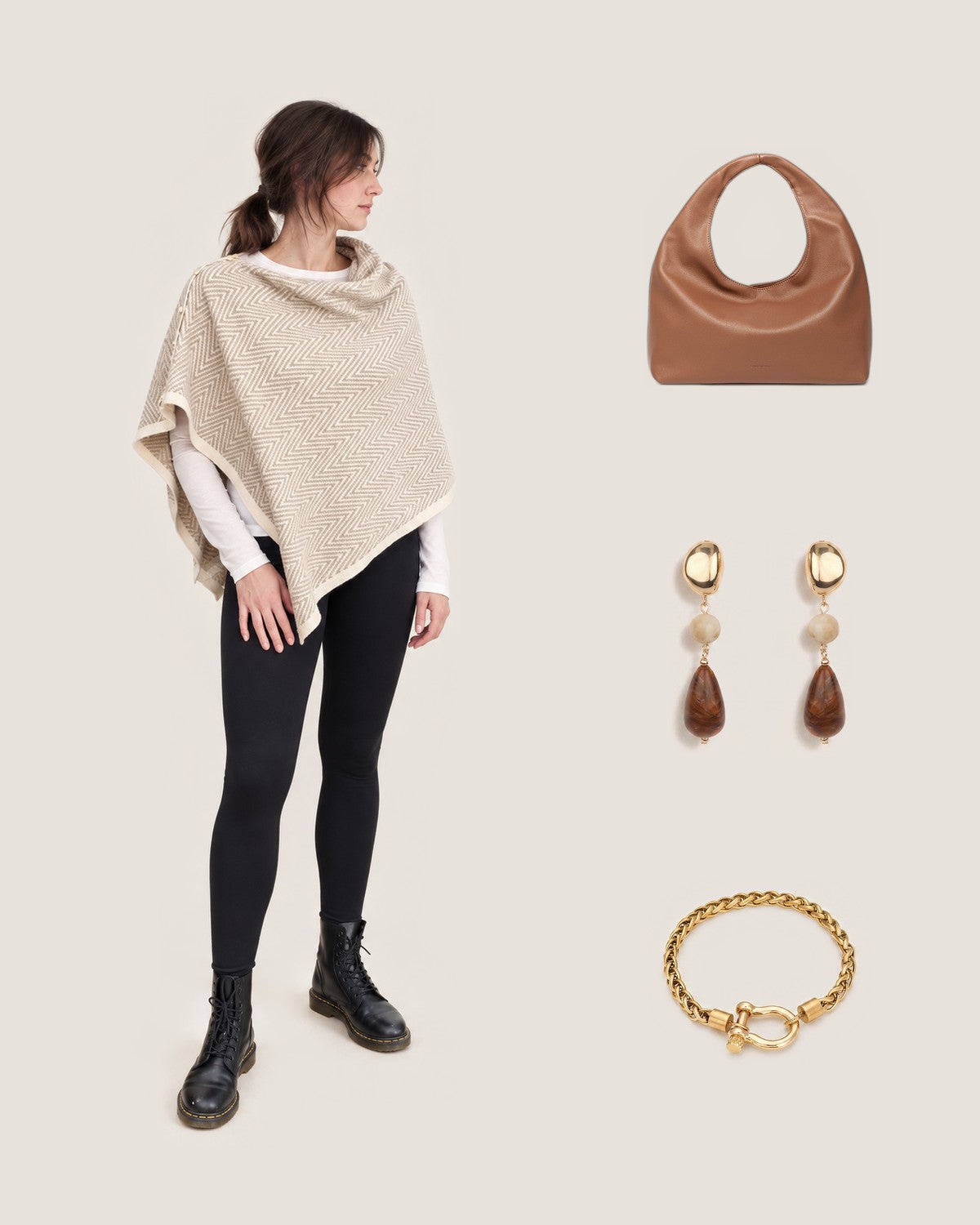 How to style Riverside Luxe Convertible Cardigan Wrap: with the Monaco Toffee Shoulder Bag, Dark Tortoise Color Marble Stone Teardrop Earrings and Horse Bit Carabiner Charm Bracelet – 14K Gold PVD, Stainless Steel