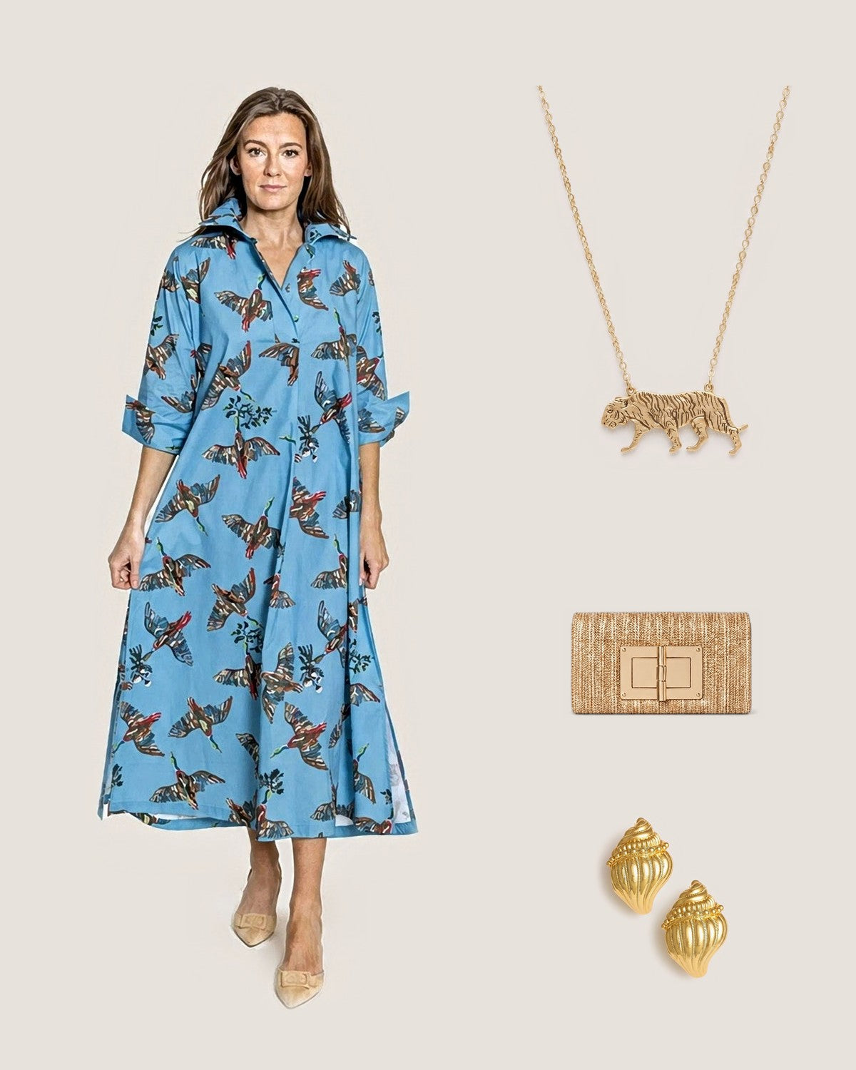 How to style the Tiger Necklace: with the Berry Grove© Ruthie Shirt Dress Long with Tie, Gold Lillian Straw Clutch and James Conch Shell Earrings