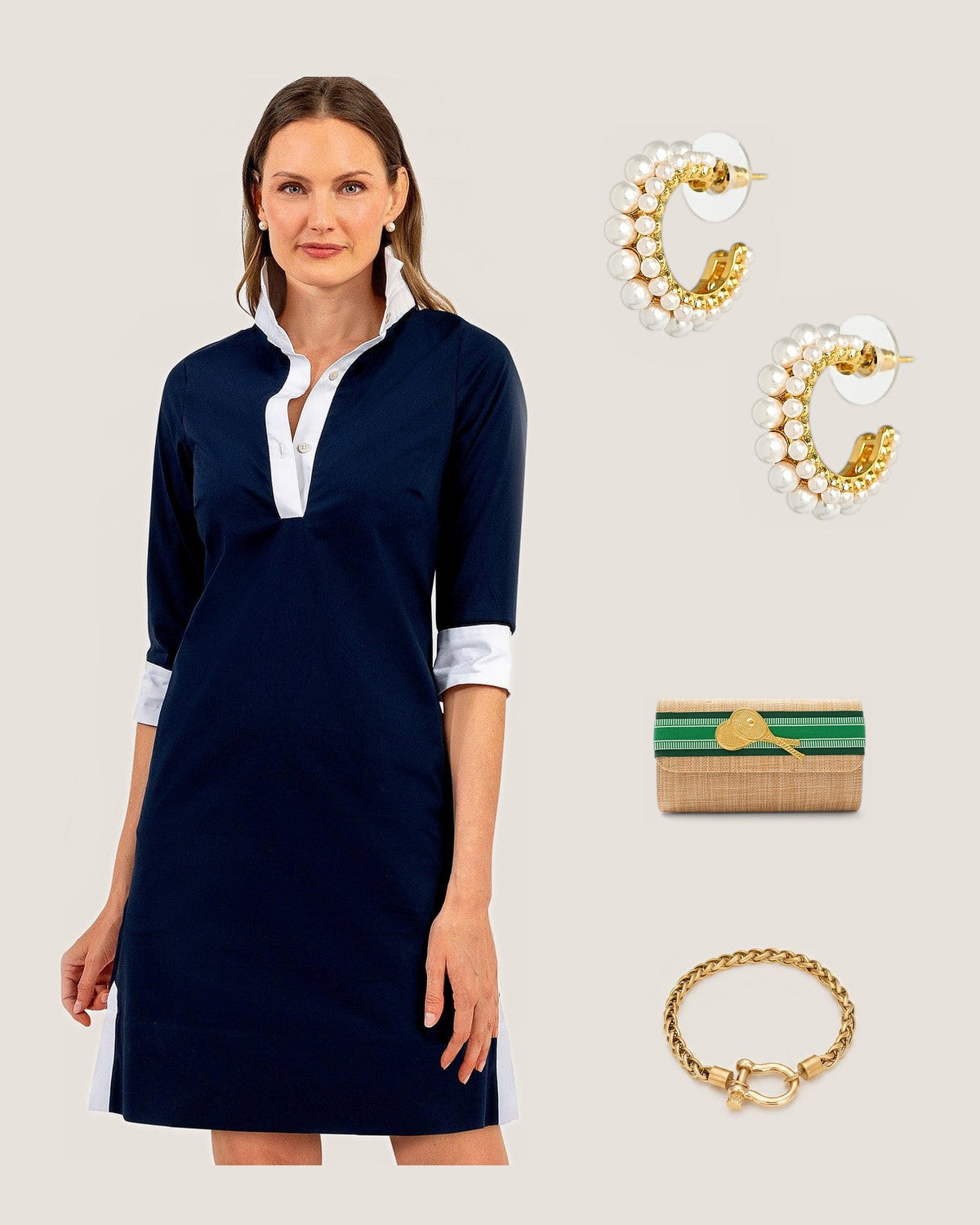 How to style the Toby Double Pearl Hoop Earrings: with the Navy Cotton Contrast Collar Tunic Dress Gretchen Scott, Avery Clutch Green Palm Hunter Layer Double Tennis Rackets and Horse Bit Carabiner Charm Bracelet – 14K Gold PVD, Stainless Steel