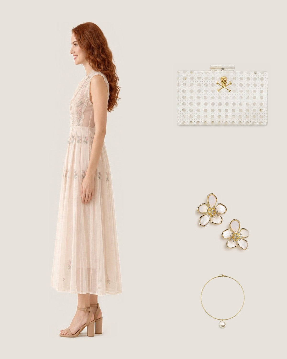 How to style the White Breakers Clutch – Customizable Minaudière: with the English Garden Lace Dress, Elinore Petal Mother of Pearl Earrings and Birdie Cotton Pearl Collar Necklace