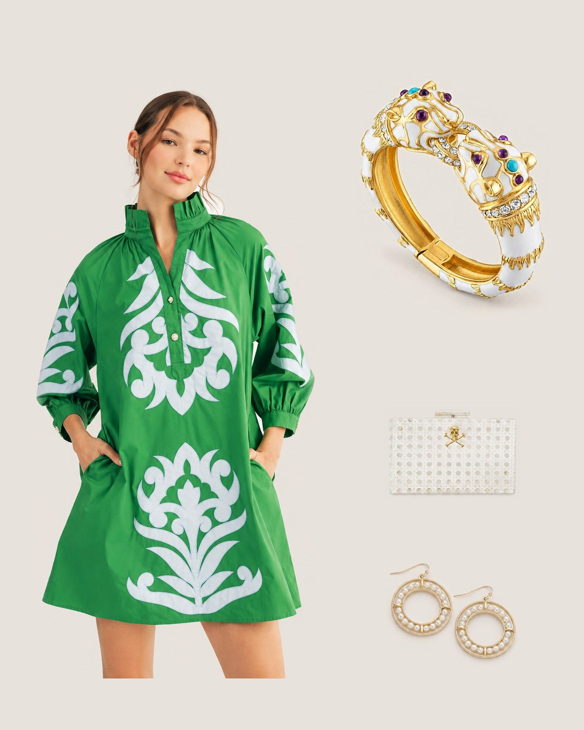 How to style the White Enamel Double Panther Bracelet: with the Worth Avenue Appliqué Shift Dress, White Breakers Clutch – Customizable Minaudière and Coconut Earrings