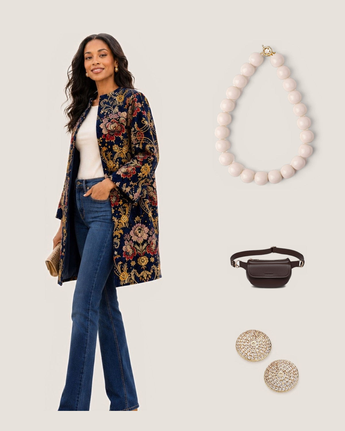 How to style the White Iris Large Resin Bead Necklace: with the Artisan Studded Corduroy Long Coat, Lola Chocolate Belt Bag and Luster Earrings
