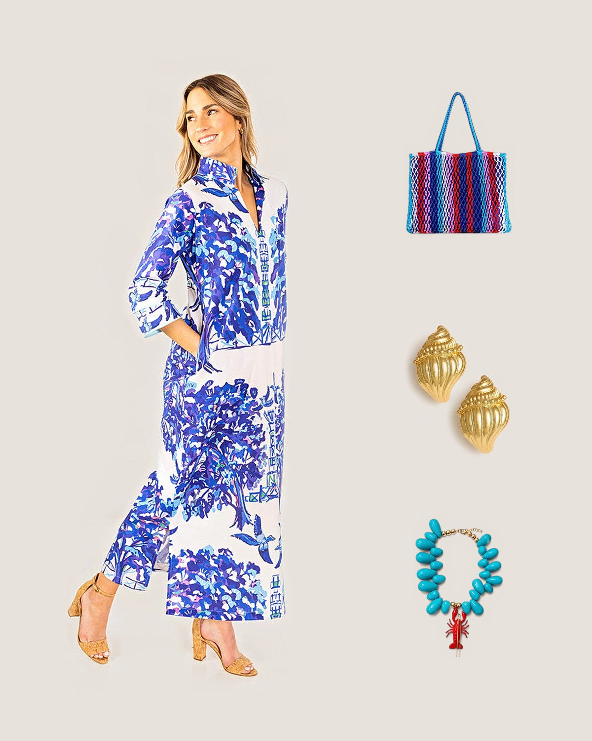 How to style Willow Bouvier Long Dress by House of MBR: with the Braziliana Stripe Tote - Blue, James Conch Shell Earrings and Lobster Kitsch & Sea Resin Bead Necklace