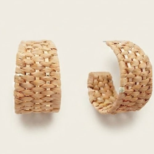 Tan Woven Raffia Wide Hoop Earrings, colour swatch close-up