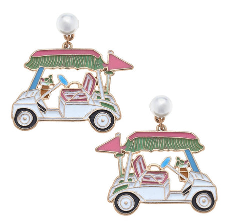 Bella Enamel Golf Cart Earrings in Green & Pink