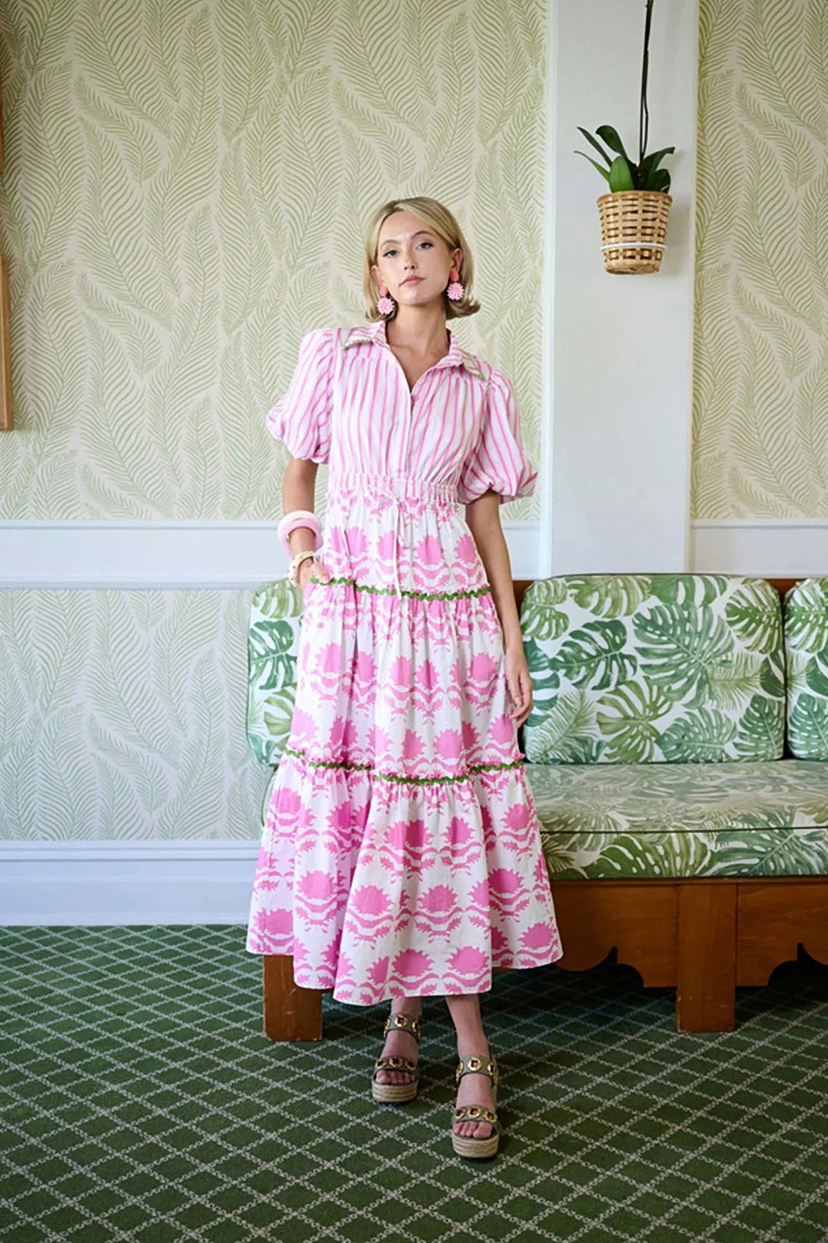 Banyan Puff Sleeve Dress - Pink Magnolia & Ticking Stripe
