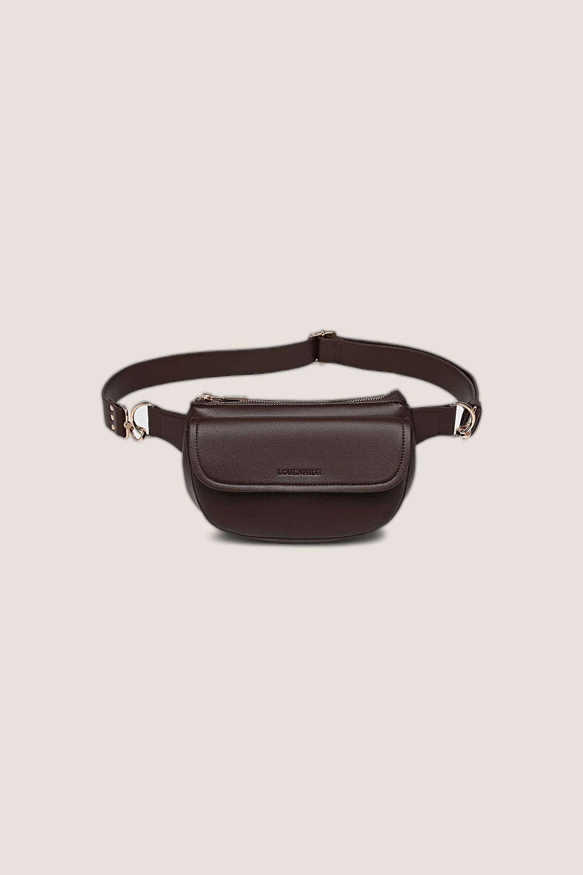 Lola Chocolate Belt Bag in chocolate brown vegan leather with a flap front pocket and light gold hardware, front view on a warm greige backdrop.