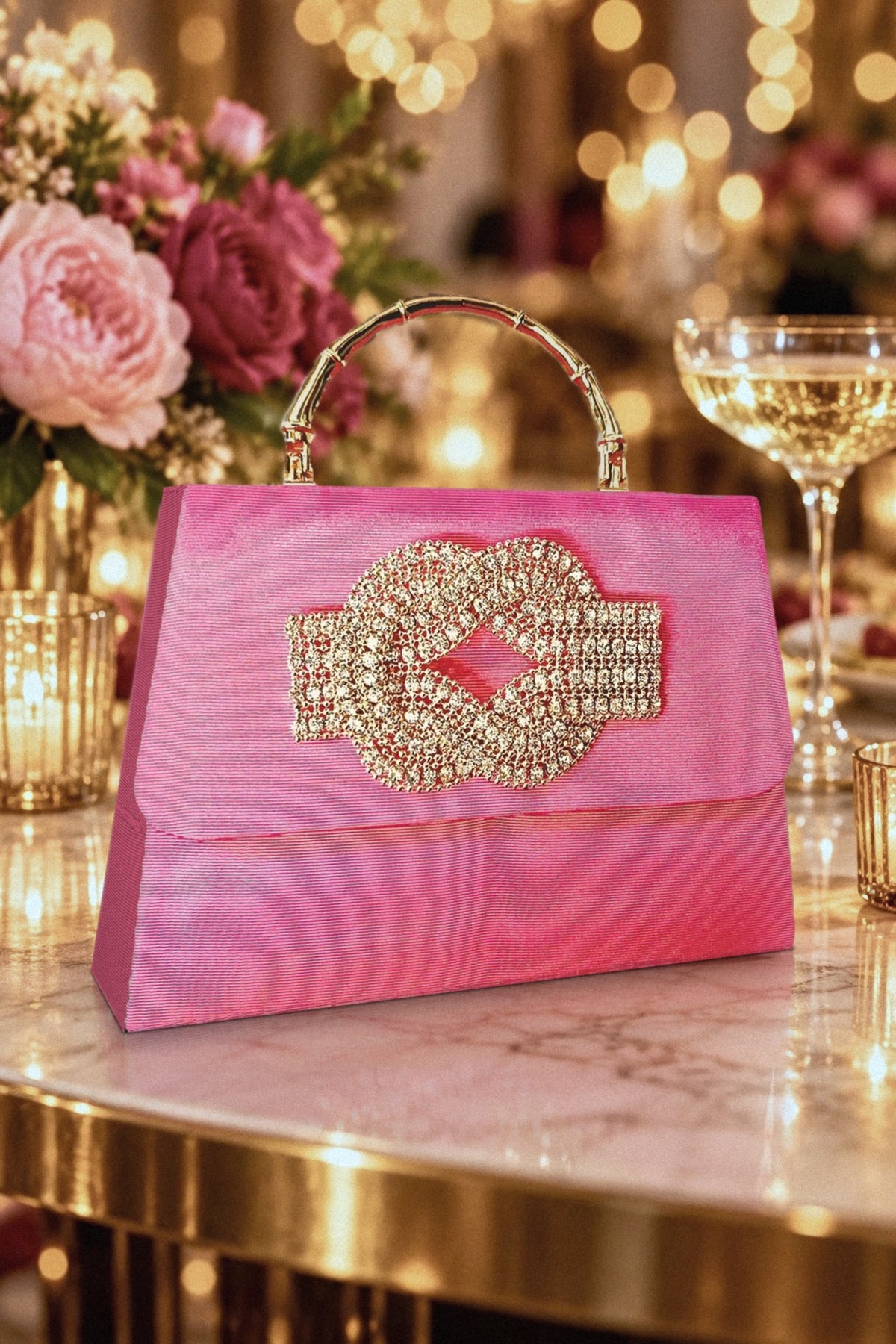 The Pink Faille Lulu with rhinestone knot standing on a marble table at an evening party, with champagne and roses behind it.