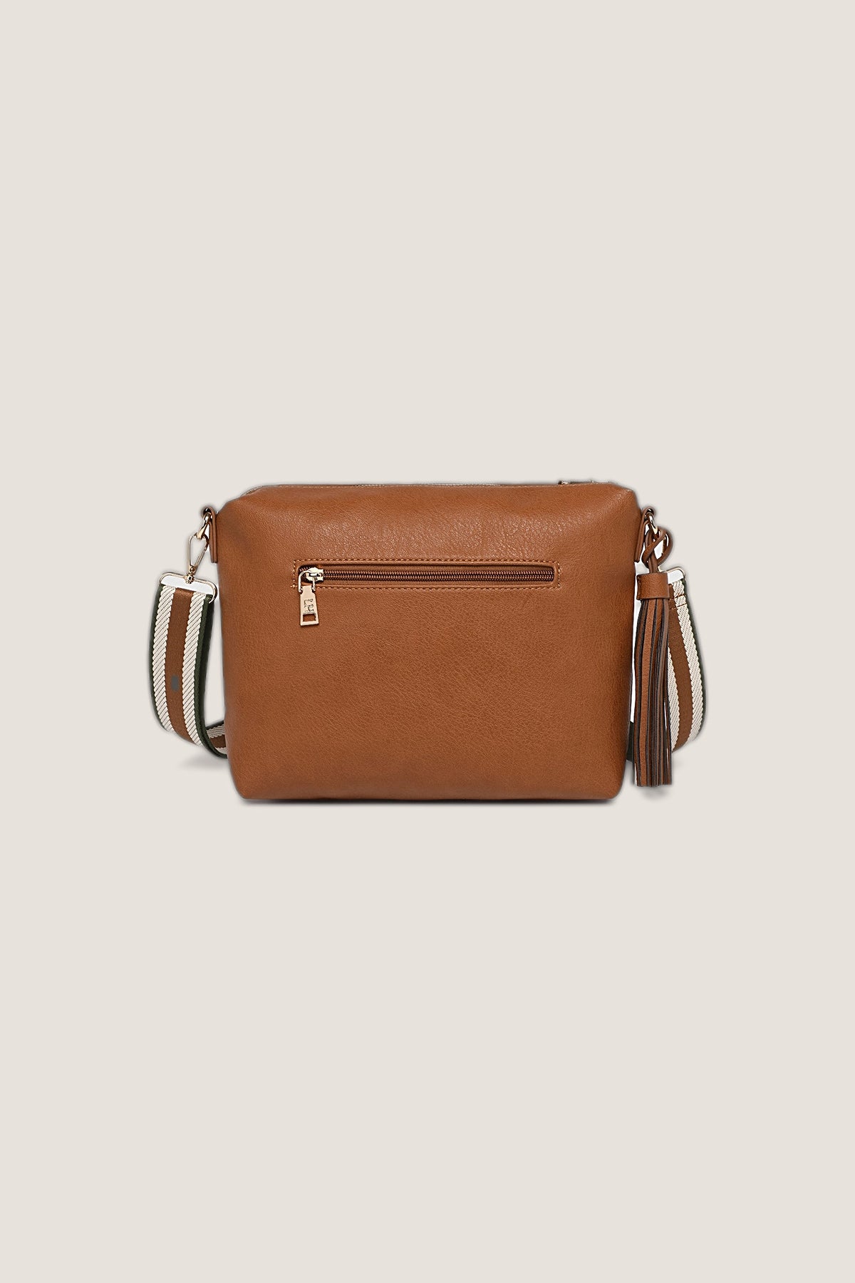Back view of the Daisy Stripe Tan Crossbody Bag showing the zip pocket on the back.