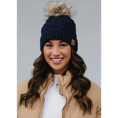 Navy Cable Knit Pom Hat