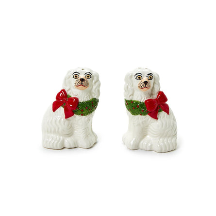 Holiday Hound Staffordshire Dog with Wreath Salt and Pepper Shaker Set