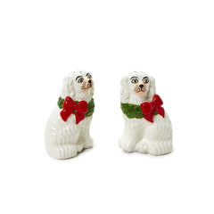 Holiday Hound Staffordshire Dog with Wreath Salt and Pepper Shaker Set