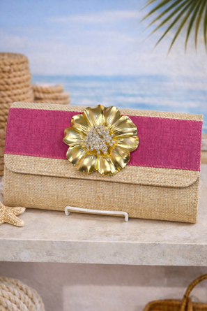 Pink Band with Gold Poppy Pearl Avery Foldover Clutch