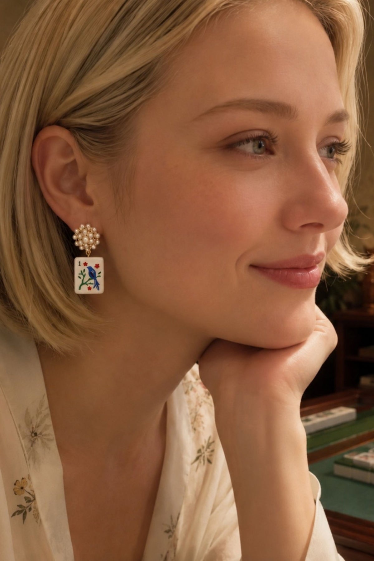 Blue Bird Mahjong Drop Earrings