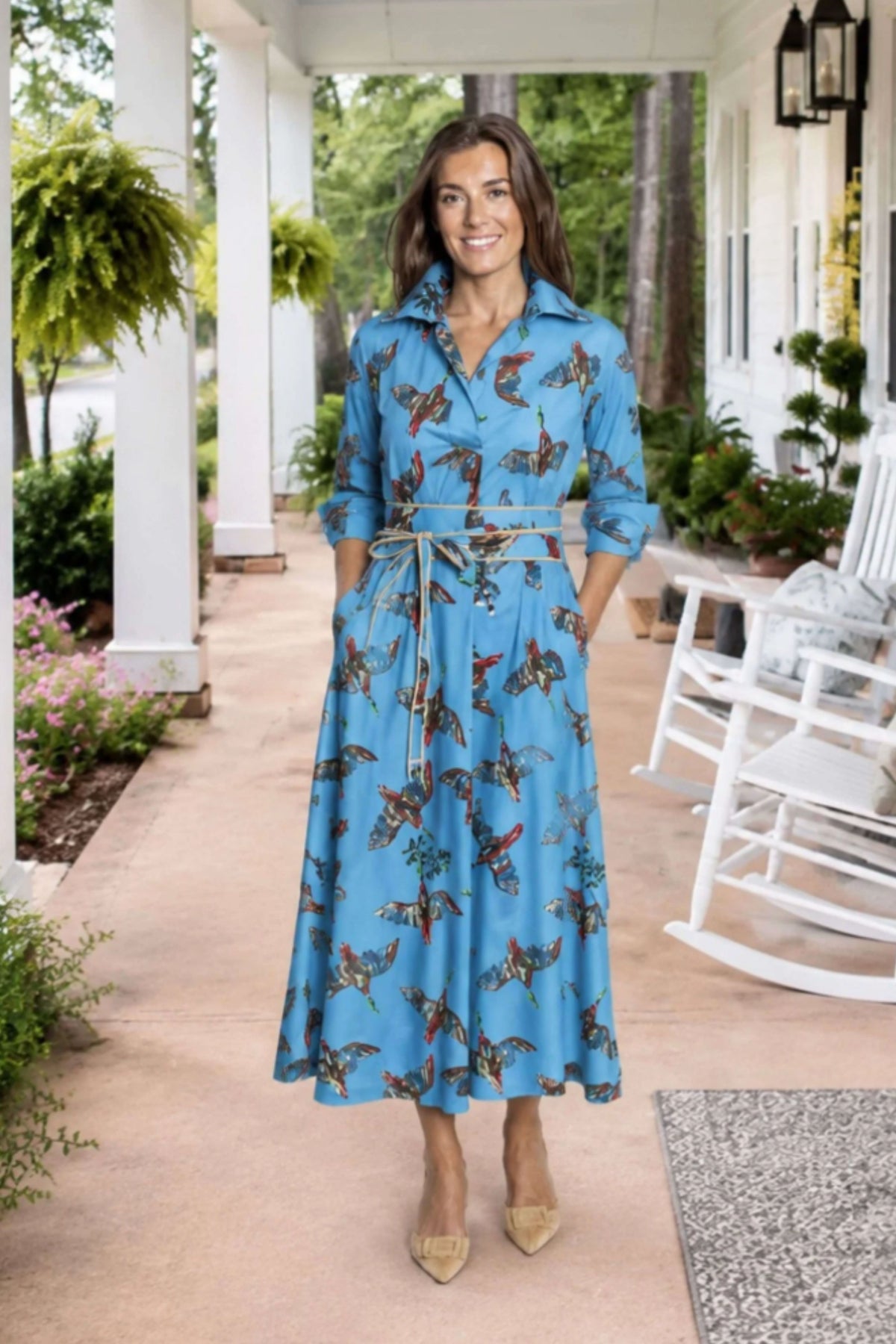 Berry Grove Ruthie blue cotton shirt dress with a colorful bird-and-branch print, button front and coordinating tie belt.