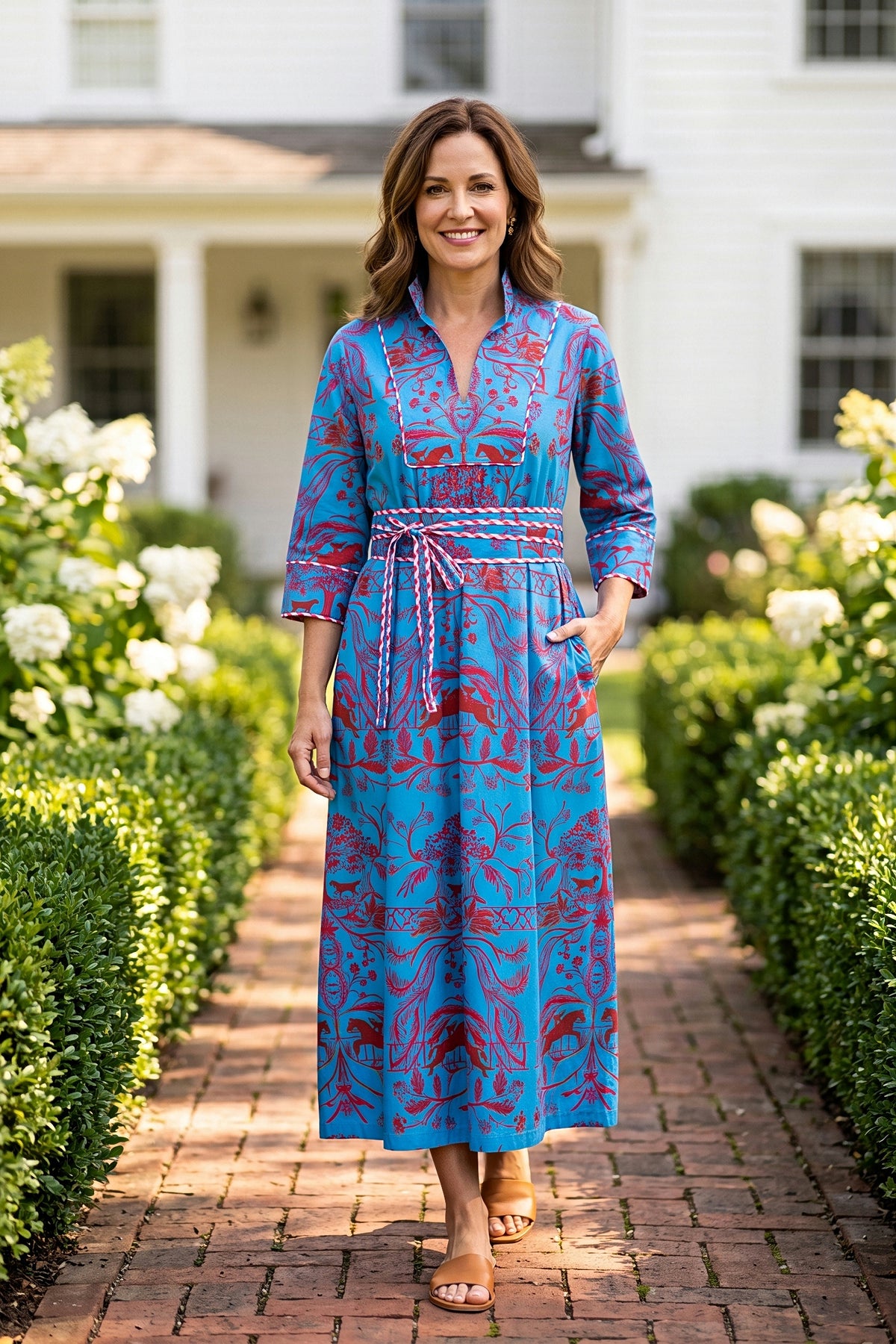 A smiling woman walks down a brick garden path wearing a long blue Bit & Boll dress with a red botanical and equestrian print, a stand collar, piped yoke and cuffs, and a matching tie at the waist.