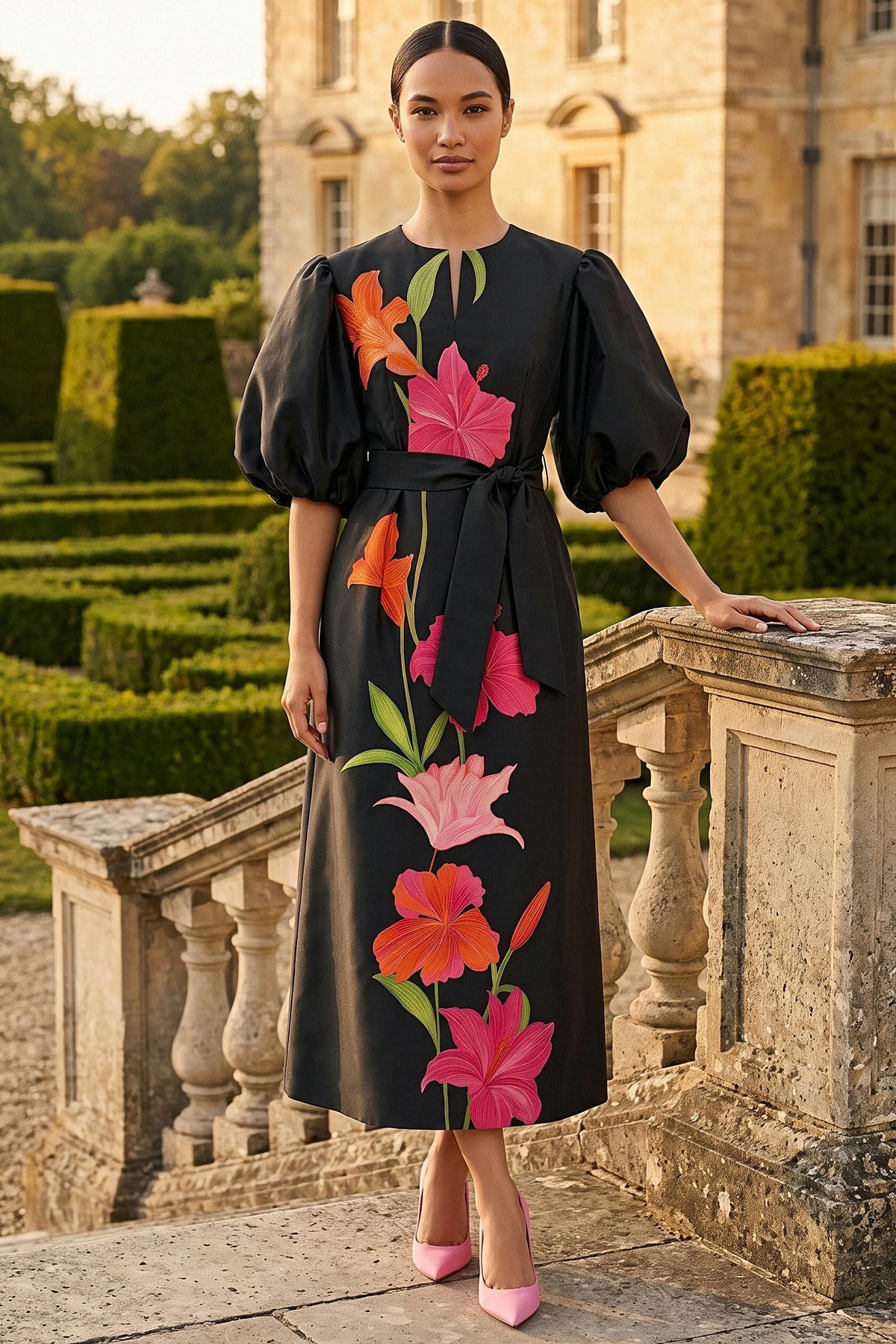 A woman in the black Botanical Noir dress with a placed orange and pink lily print, standing in a formal garden at golden hour.