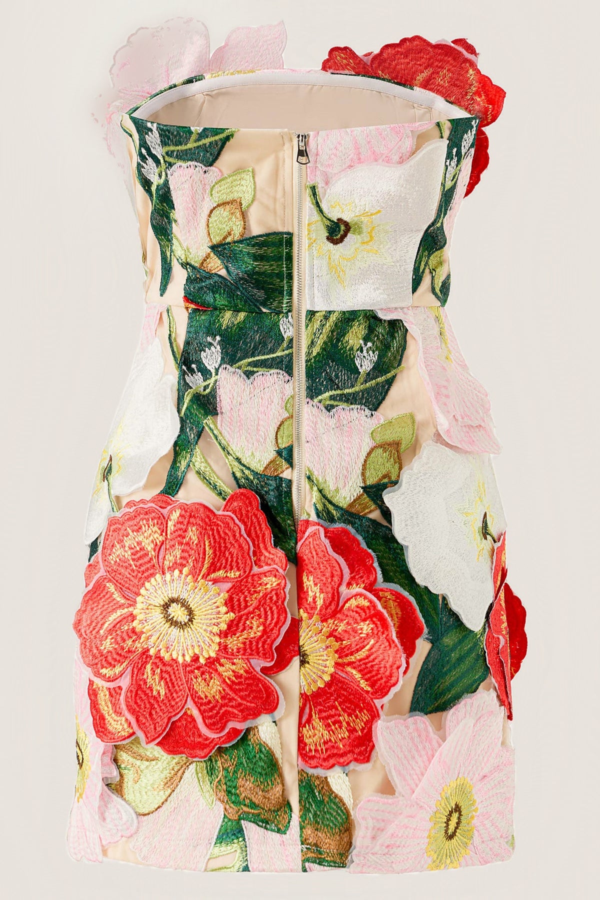 The back of the Camellia Garden embroidered strapless mini dress on its own, showing the centre back zipper and raised coral, pink and white embroidered flowers.