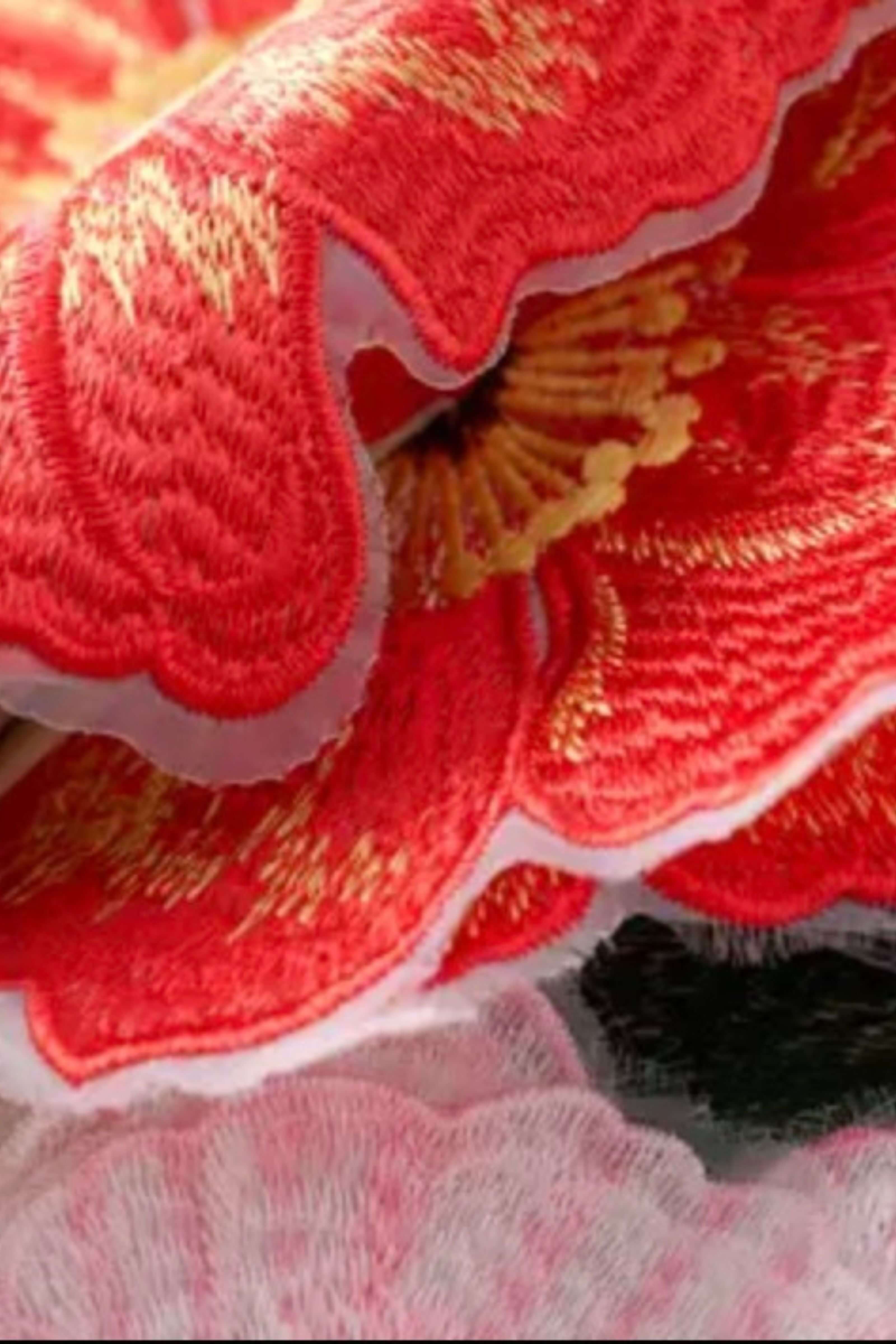 Close-up of a red embroidered flower patch with gold thread details and a scalloped white border, layered over a pink mesh fabric.