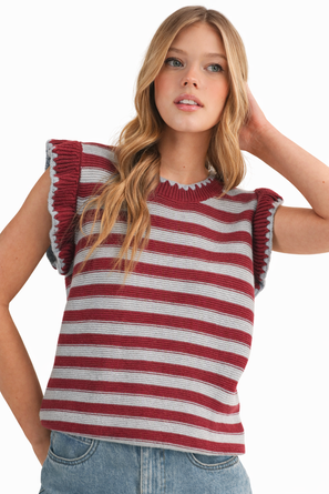 Striped Flutter Sleeve Sweater Top – Maroon/Slate