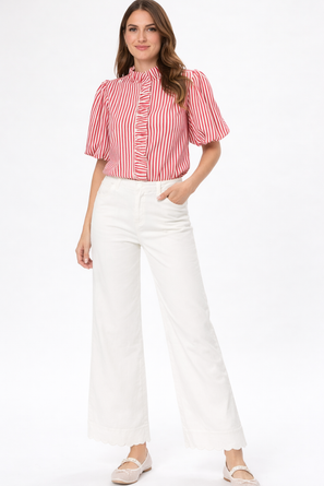 Striped Ruffled Button Down Top – Berry Red