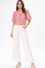 Striped Ruffled Button Down Top – Berry Red