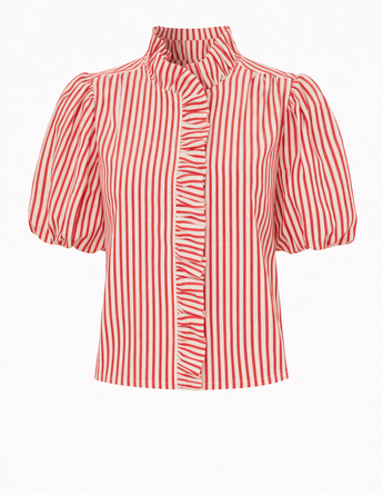 Striped Ruffled Button Down Top – Berry Red