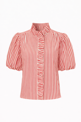 Striped Ruffled Button Down Top – Berry Red