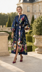 Floral Puff Sleeve Maxi Dress in Navy