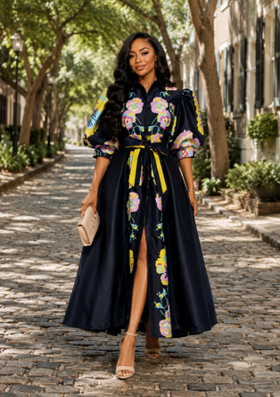 Mikado Floral Puff Short Sleeve Mikado Dress