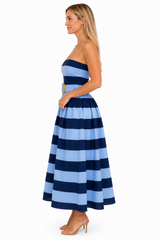 Palm Beach Stripe Strapless Midi Dress – Navy and Light Blue