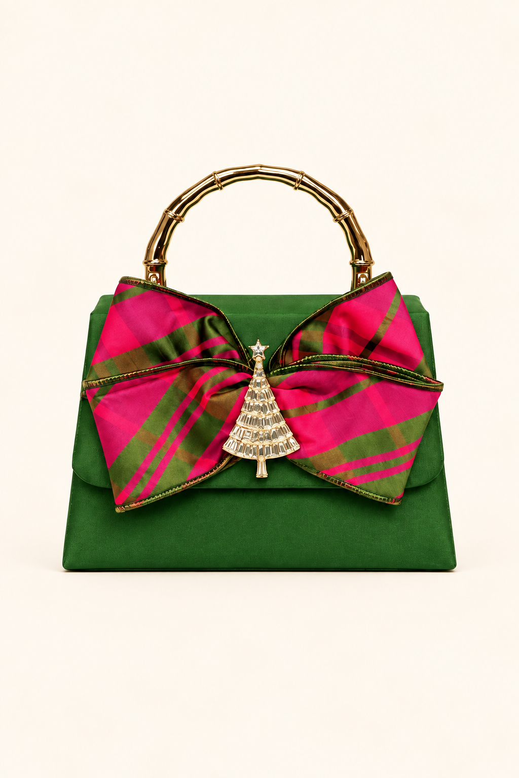 Faille Lulu Pink and Green Bow with Tree Emblem Clutch