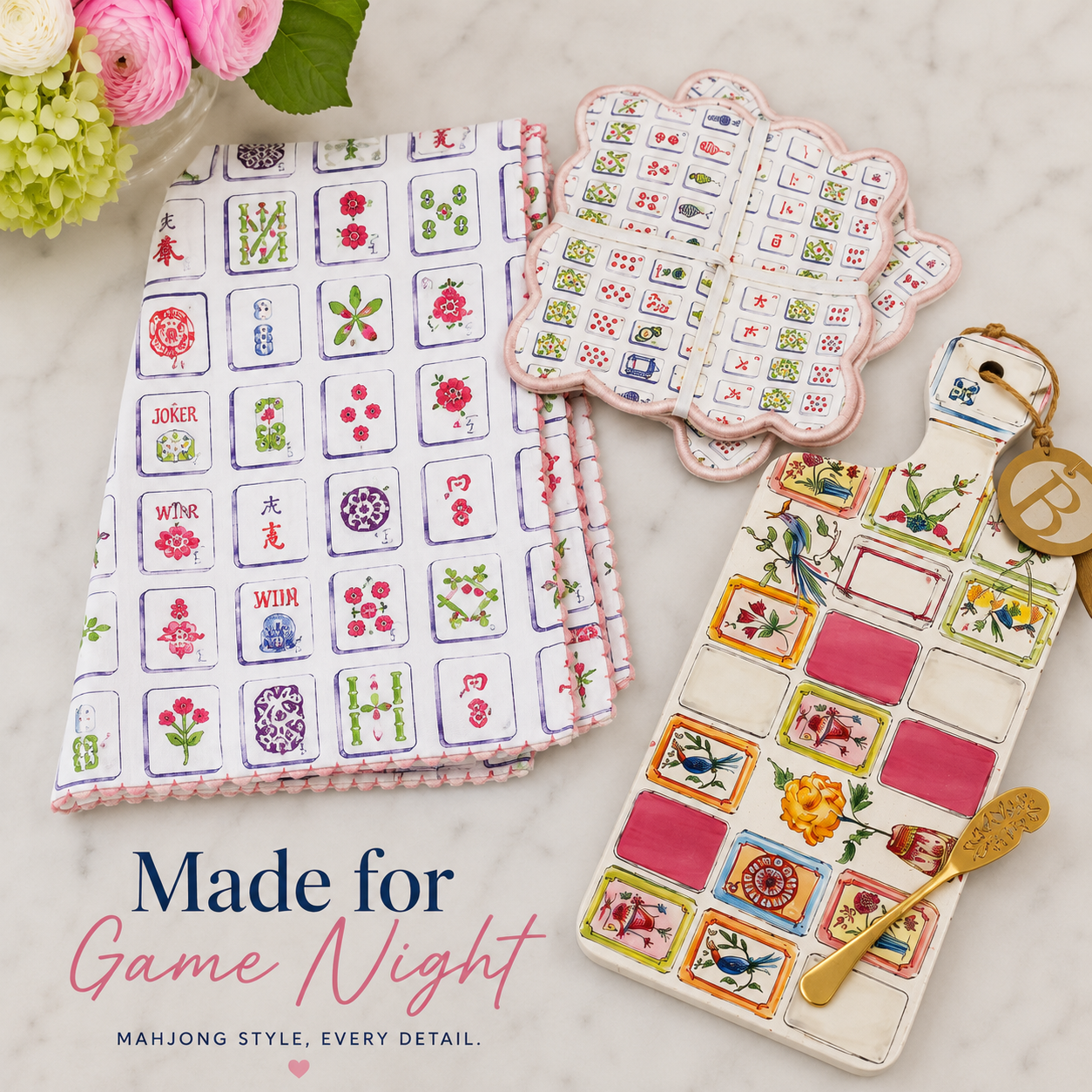 Mahjong Pink Charcuterie Cheese Board & Wood Spreader Set