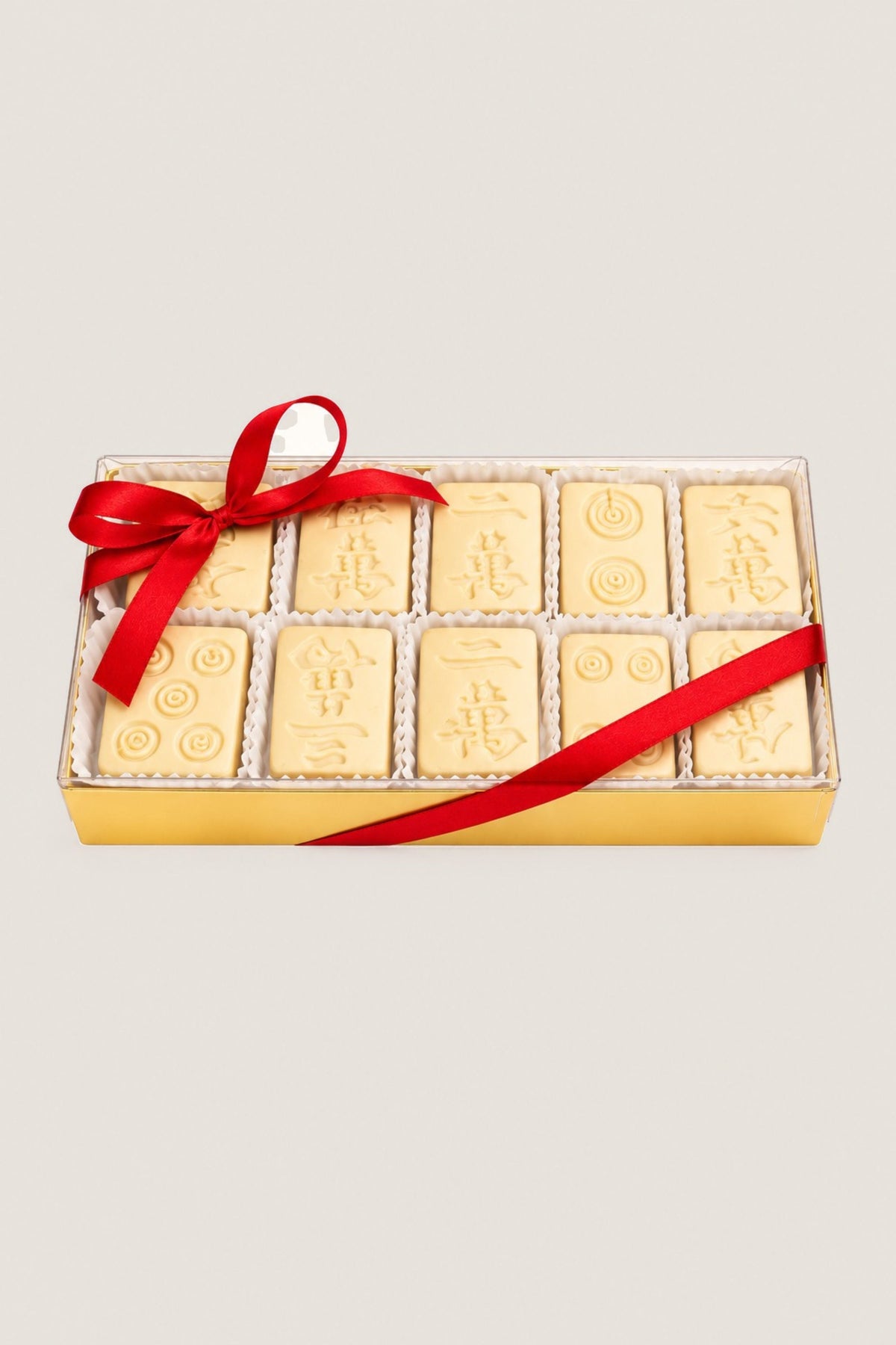 A box of chocolate mahjong tiles in White chocolate