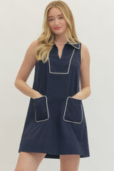 Navy Contrast Piping Sleeveless Mini Dress