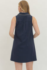 Navy Contrast Piping Sleeveless Mini Dress