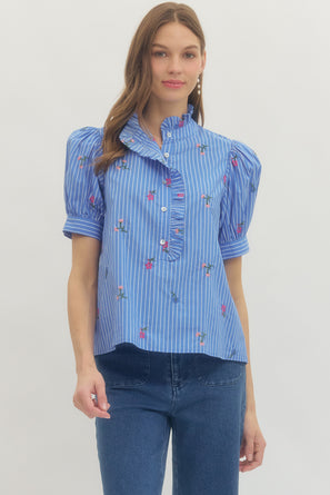 Blue Stripe Floral Puff Sleeve Blouse