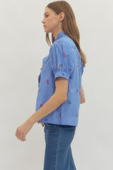 Blue Stripe Floral Puff Sleeve Blouse