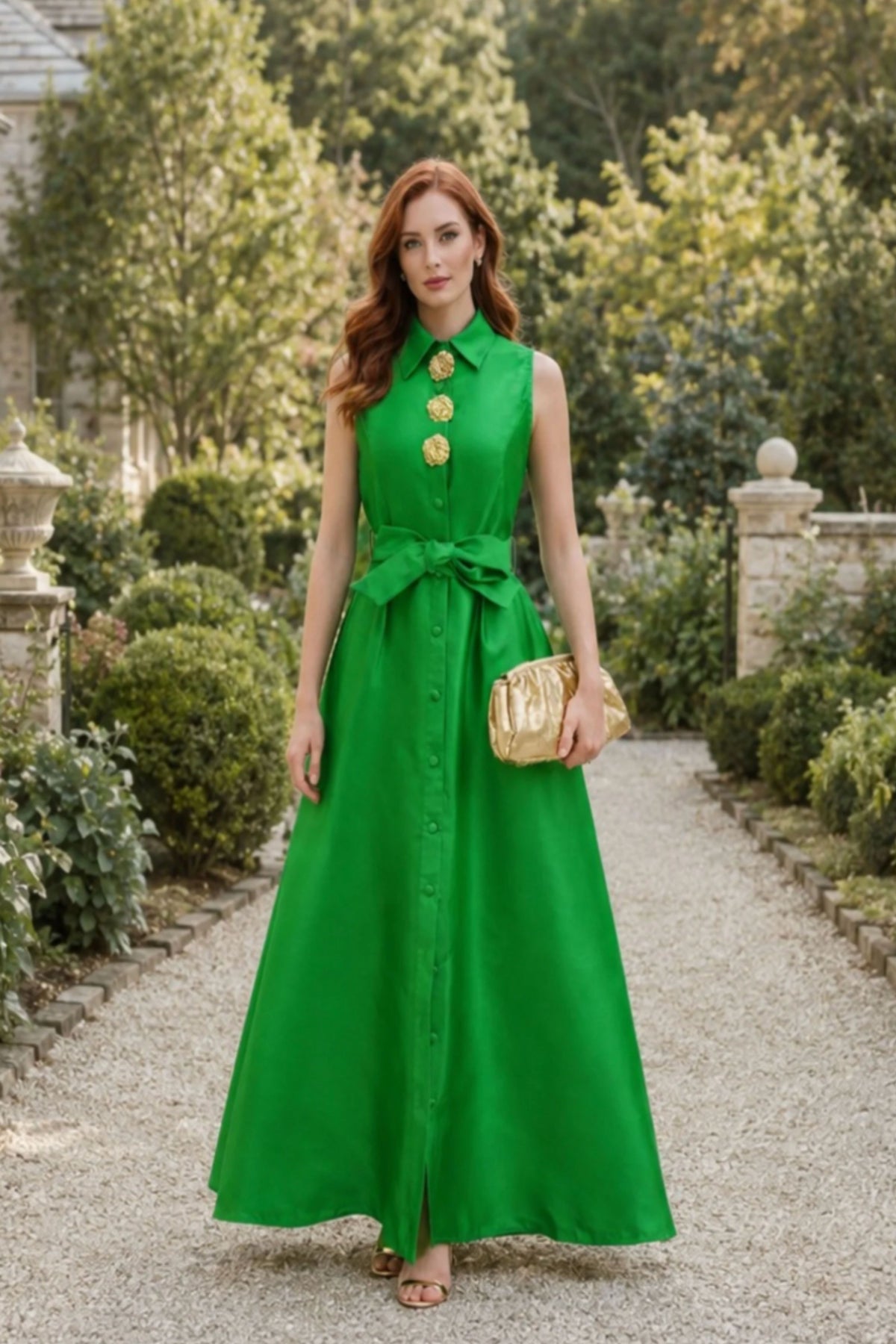 A woman stands on a gravel path in a lush garden wearing a bright green sleeveless maxi dress with gold decorative buttons down the front and a matching green belt. She is holding a small gold clutch.
