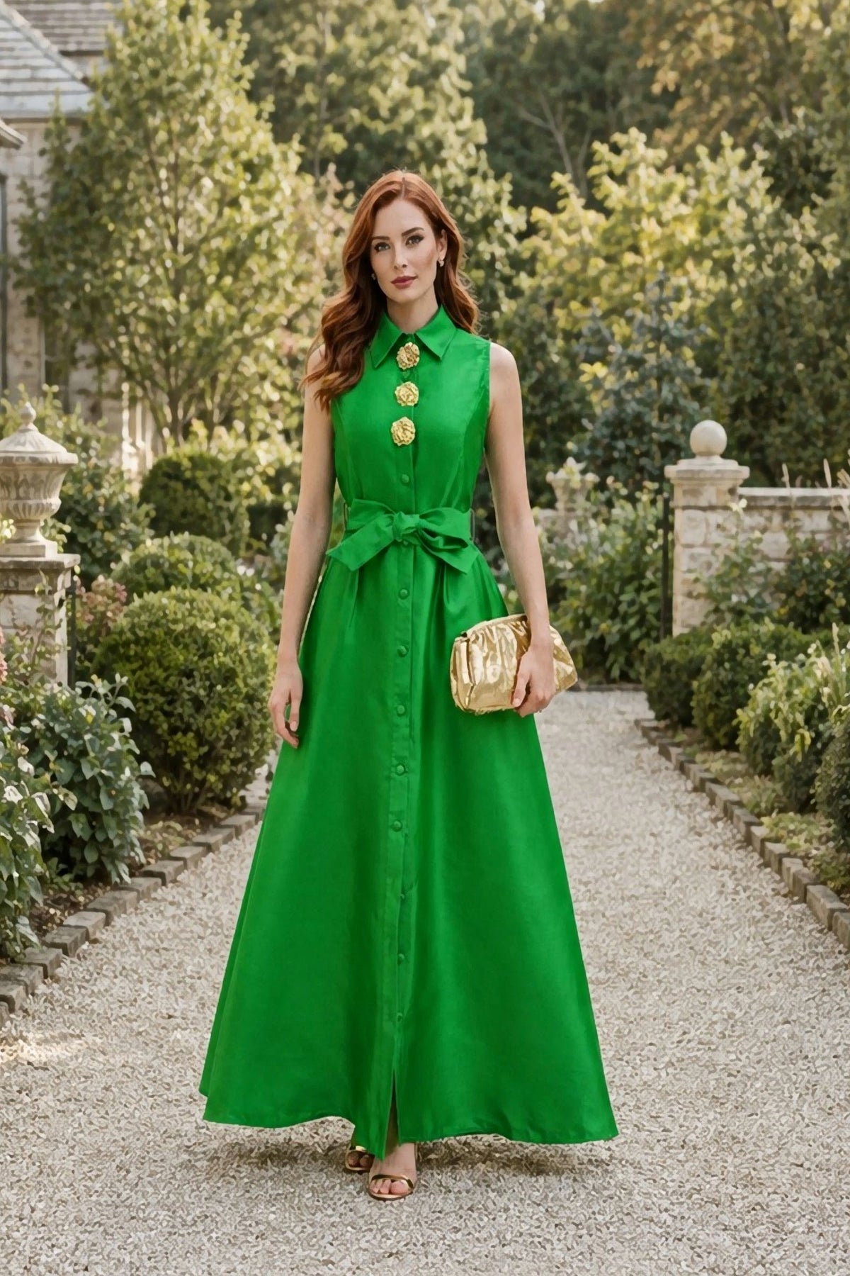 A woman stands on a gravel path in a lush garden wearing a bright green sleeveless maxi dress with gold decorative buttons down the front and a matching green belt. She is holding a small gold clutch.