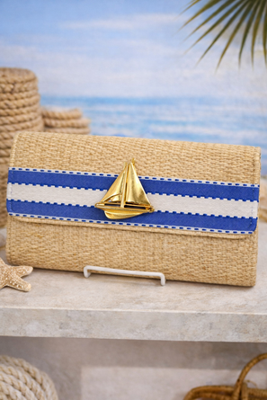 Blue Dash Band with Gold Sailboat Straw Ruby Clutch