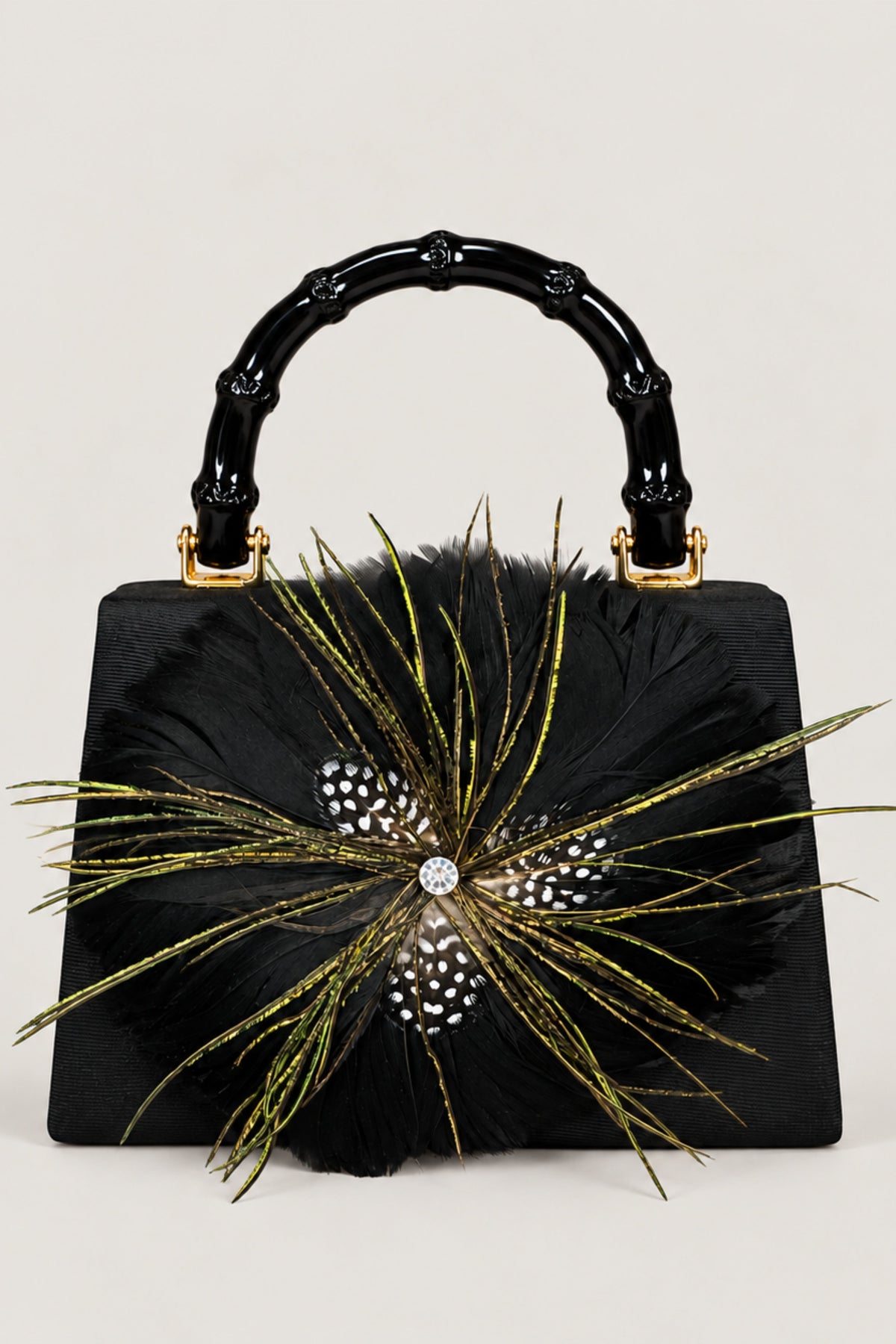 Black Lulu Clutch with Gold Feather Flecks and Black Handle