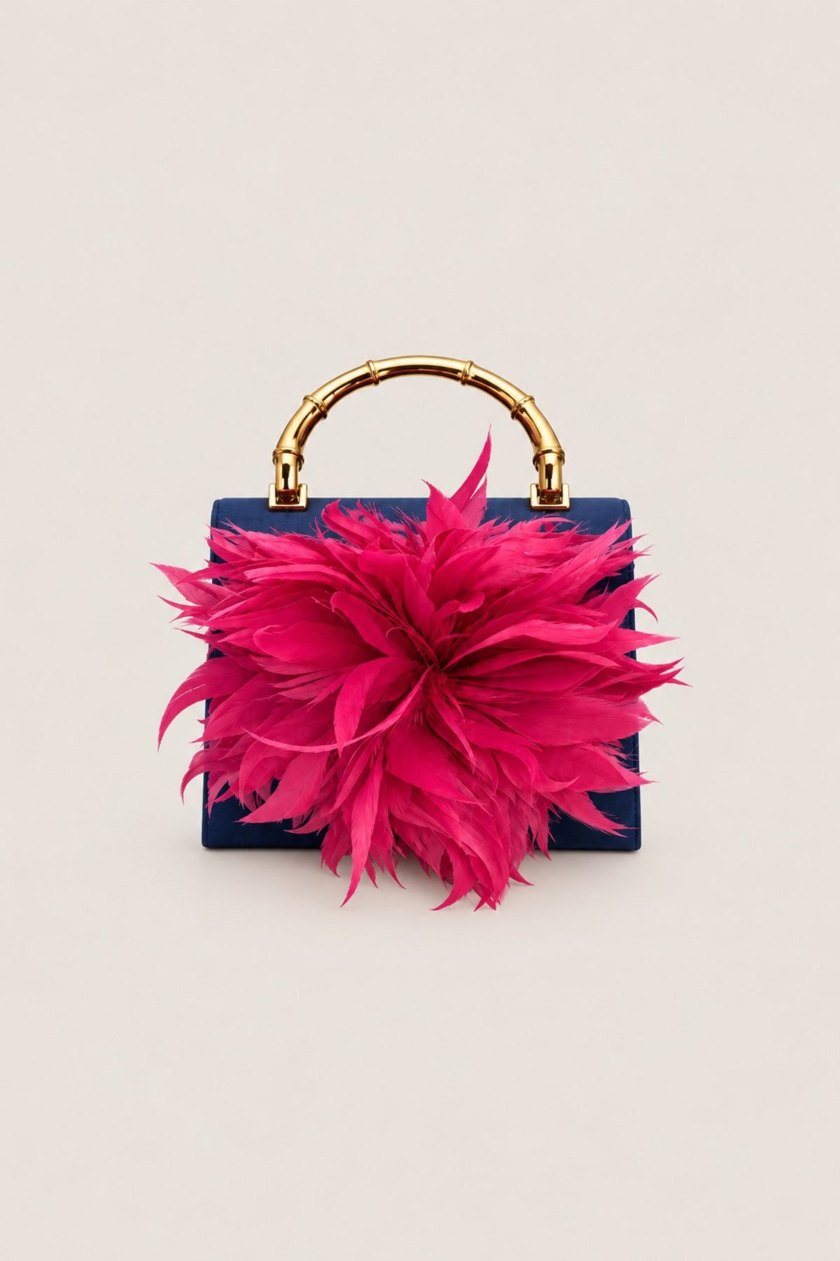 Navy Blue Lulu Clutch with Fuschia Feather Plume