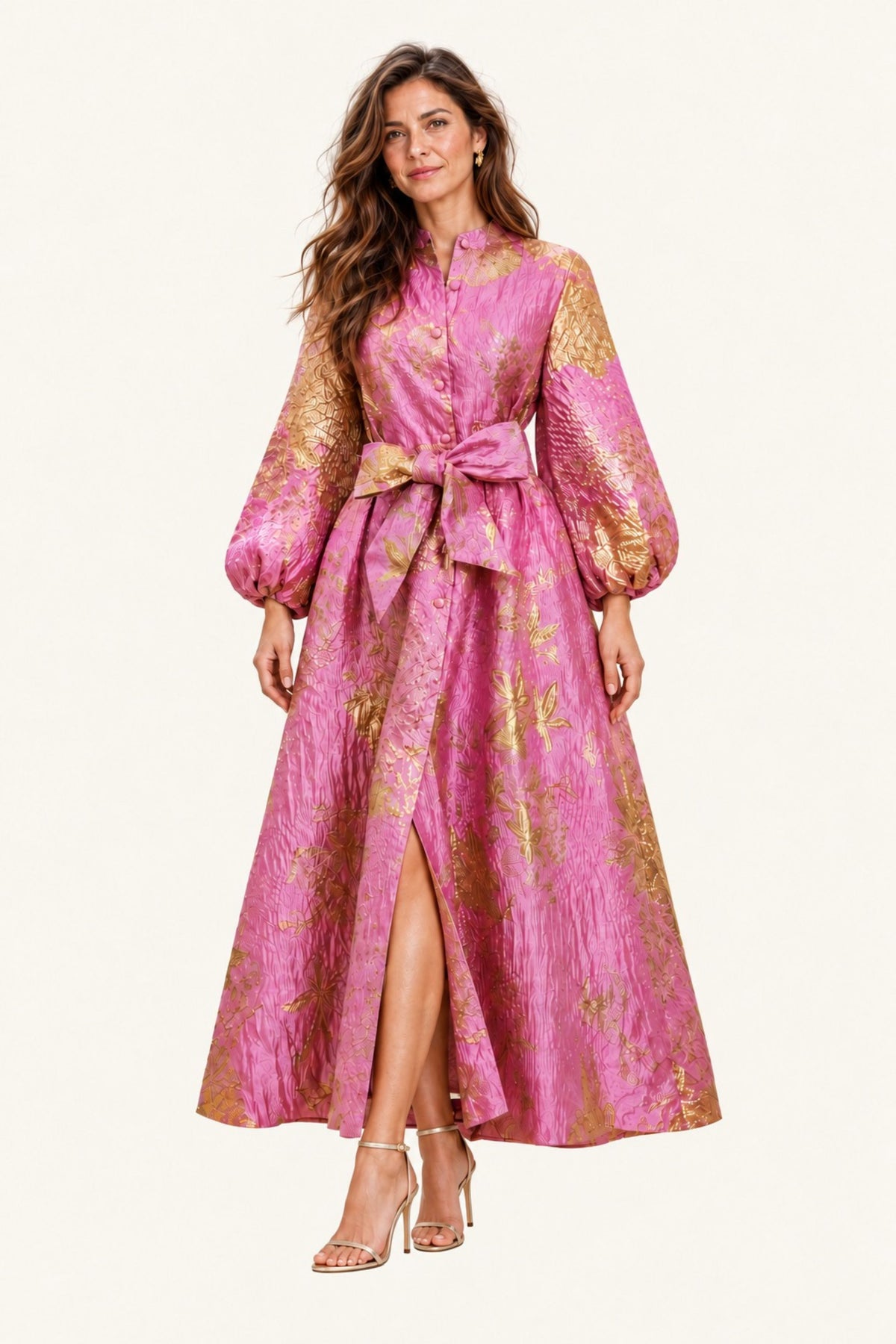 Pink & Gold Floral Brocade Maxi Dress