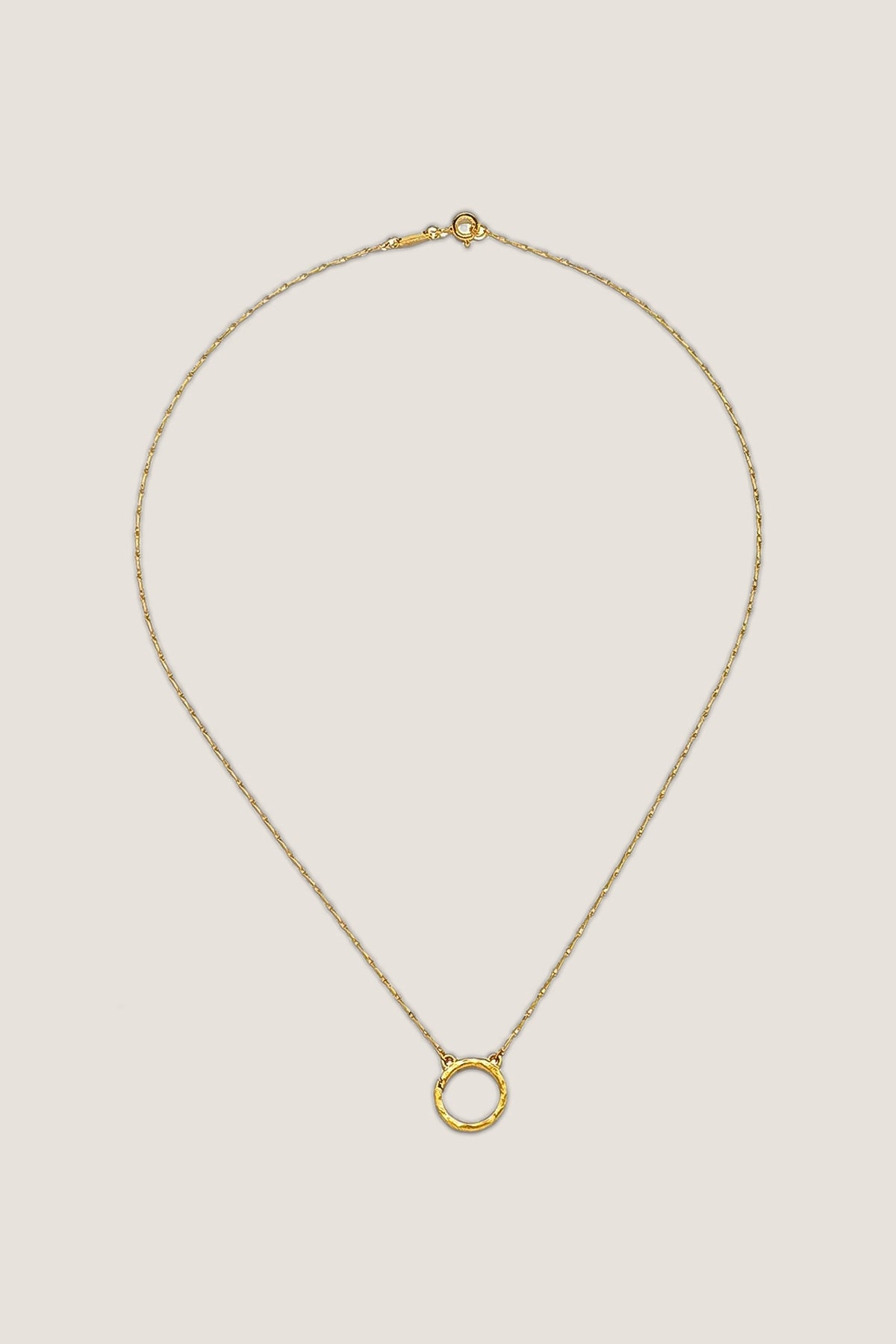 The whole Full Circle Charm Collector Necklace in gold laid out on a warm greige backdrop, spring-ring clasp at the top and the closed hammered ring at the bottom.