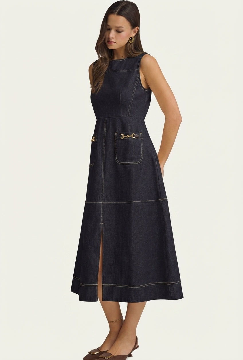 The Equestrian Dark Denim Midi Dress