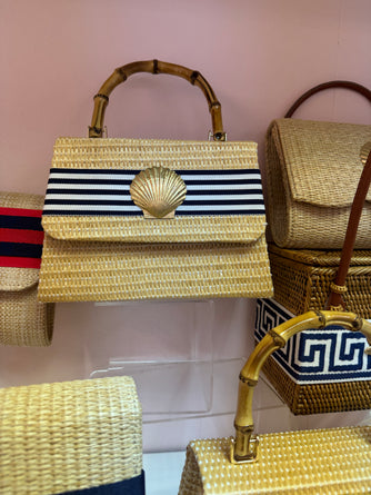 Navy & White Stripe Ribbon + Gold Scallop Detail Straw Clutch