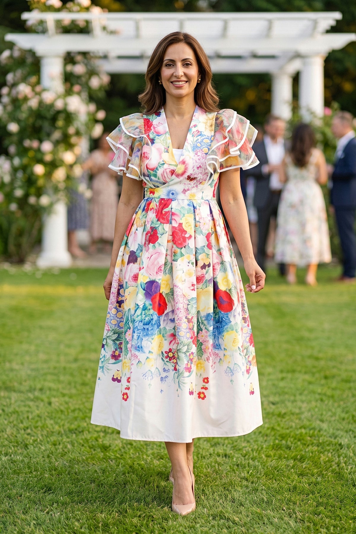 A woman walks across a garden lawn at a summer party wearing the Jardin Bloom Dress, an ivory satin midi with a painterly multicolour floral print, tiered sheer ruffle sleeves and a pleated skirt.