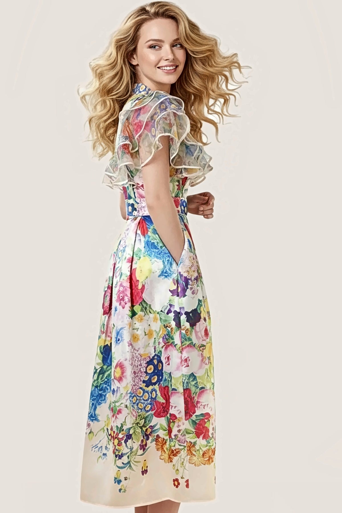 Side view of the Jardin Bloom Dress showing the sheer tiered ruffle sleeves, the full pleated skirt with hidden pockets and the ivory hem border.